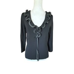 Cyrus Black Knit Top with Ruffles and Leather Trim SZ M